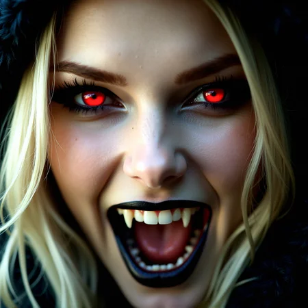 A stunning close-up of a blonde woman, gothic makeup, with bright red eyes, open mouth, fangs, wearing a fluffy animal ear hood, soft lighting, realistic and delicate facial features, photorealistic rendering. Natural light interplay on skin,Photorealistic shadow softness, Lifelike hair gloss , Photorealistic color grading