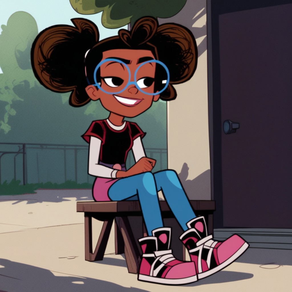 score_9, score_8, score_9, BREAK, lunella, black hair, black eyes, dark skin, glasses, outdoors, smirk, sitting, sunlight, shadows, natural lighting