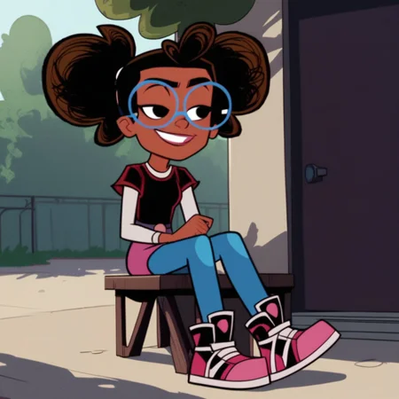 score_9, score_8, score_9, BREAK, lunella, black hair, black eyes, dark skin, glasses, outdoors, smirk, sitting, sunlight, shadows, natural lighting