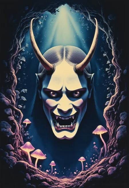Satyr ArsMovieStill, movie still from a 1970s horror movie Studio Ghibli Dark Fairytale depicting a cursed hannya mask with horns and fangs in an eerie dark forest amidst twisting vines and luminous purple mushrooms