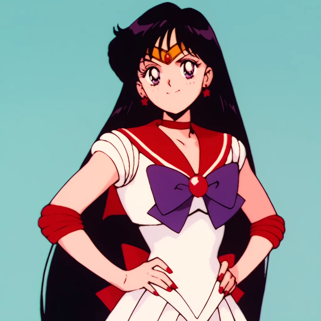 score_9, score_8_up, score_7_up, score_6_up, score_5_up, score_4_up, source_anime, , Sailor_Mars, long hair, black hair, purple eyes, sailor senshi uniform, red sailor collar, , soft smile, standing, hands on hips