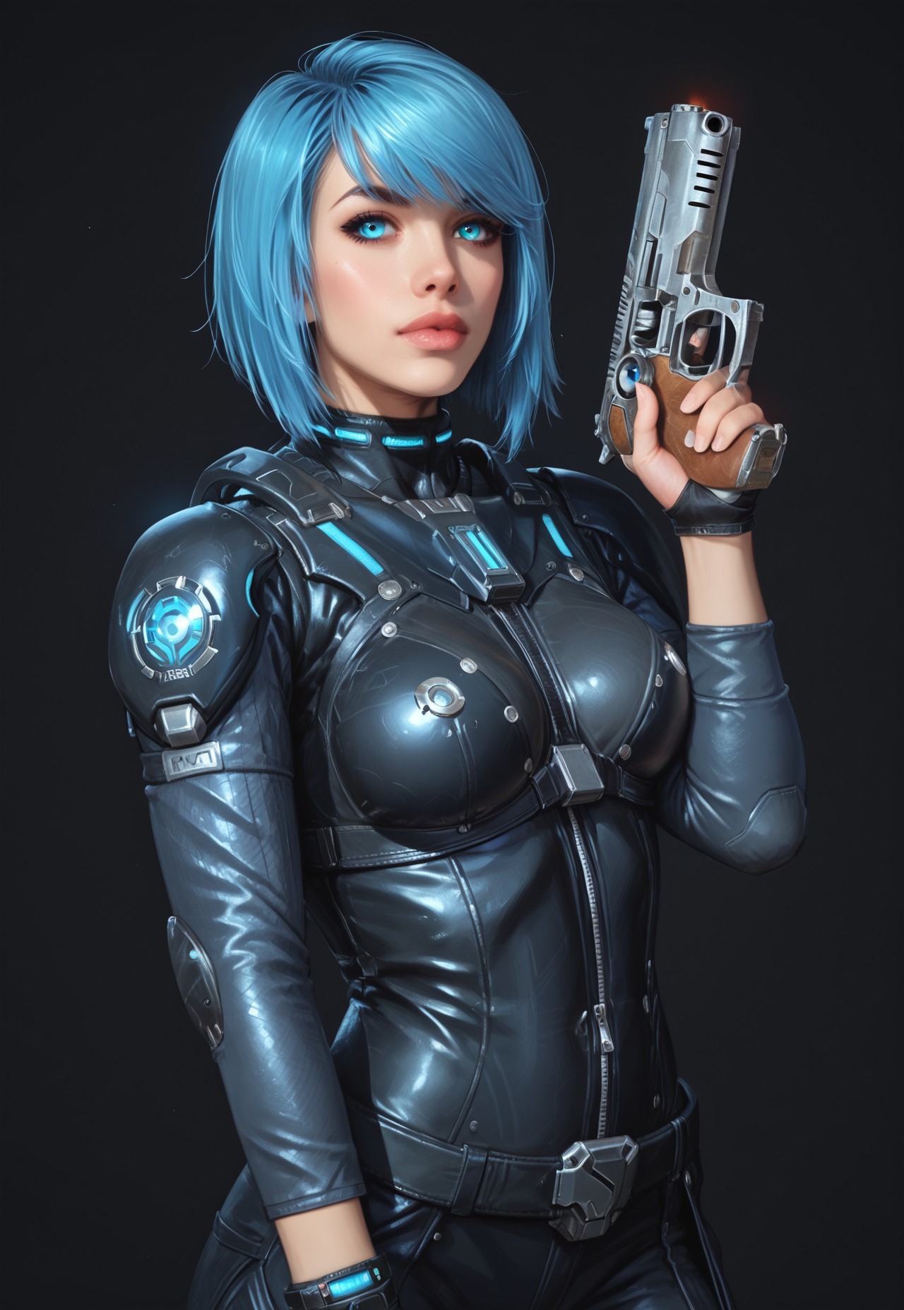 safe_pos, core_9, score_8_up, score_8, semi realistic, ultra detailed, 8k, high quality, hi res, high quality, detailed eyes, perfecteyes, detailed face, 1girl, (1girl:1.2), Nyx from Quake Champions, futuristic assassin outfit, (((pistol in hand))), pale skin, ((glowing bobcut blue hair, side bangs)), realistic, cinematic angle, cinematic lighting, athletic body, intense face, glowing blue eyes, stealthy pose
BREAK
infiltrating a high-tech corporate facility at night
BREAK
source_sci_fi_art, rating_explicit, expressive, half body, front view, dynamic pose
BREAK
detailed beautiful background, futuristic architecture, neon lights, advanced security systems, holographic displays, dark shadows, tense atmosphere
(((full clothed)))