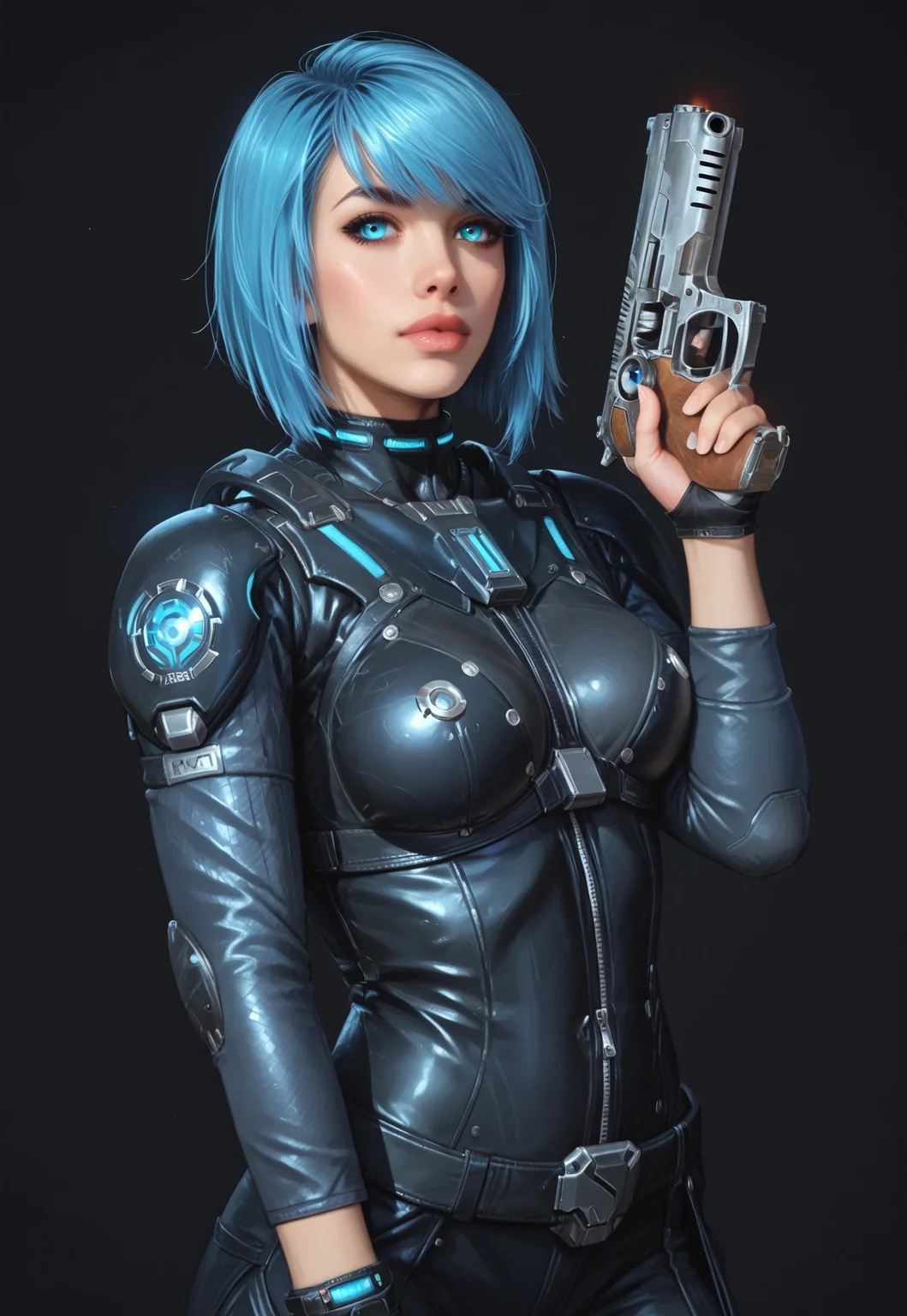 safe_pos, core_9, score_8_up, score_8, semi realistic, ultra detailed, 8k, high quality, hi res, high quality, detailed eyes, perfecteyes, detailed face, 1girl, (1girl:1.2), Nyx from Quake Champions, futuristic assassin outfit, (((pistol in hand))), pale skin, ((glowing bobcut blue hair, side bangs)), realistic, cinematic angle, cinematic lighting, athletic body, intense face, glowing blue eyes, stealthy pose
BREAK
infiltrating a high-tech corporate facility at night
BREAK
source_sci_fi_art, rating_explicit, expressive, half body, front view, dynamic pose
BREAK
detailed beautiful background, futuristic architecture, neon lights, advanced security systems, holographic displays, dark shadows, tense atmosphere
(((full clothed)))