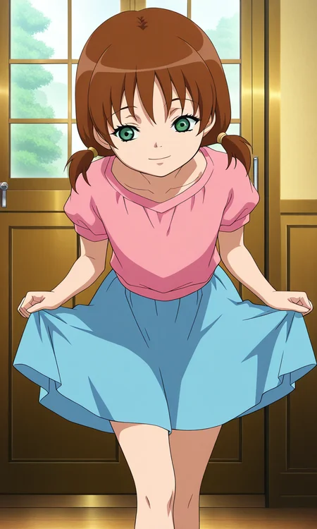 official style, anime screenshot, 1girl, solo, Kristy Damon, green eyes, brown hair, short hair, twintails, short twintails, low twintails, flat chest, pink shirt, short sleeves, blue skirt, standing, facing viewer, curtsey, leaning forward, skirt hold, crossed legs, smile