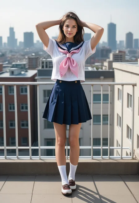 score_9, score_8_up, score_7_up, photograph, 1girl, 43 years old, European, realistic, brown_hair, brown_eyes, yellow_eyes, kitauji_high_school_uniform, short_sleeves, blue_sailor_collar, blue_skirt, white_shirt, pink_neckerchief, portrait, head_tilt, grinning, blush, socks, shoes, full_body, standing with arms up, outdoors, rooftop, building, cityscape, Tower13_Thurid