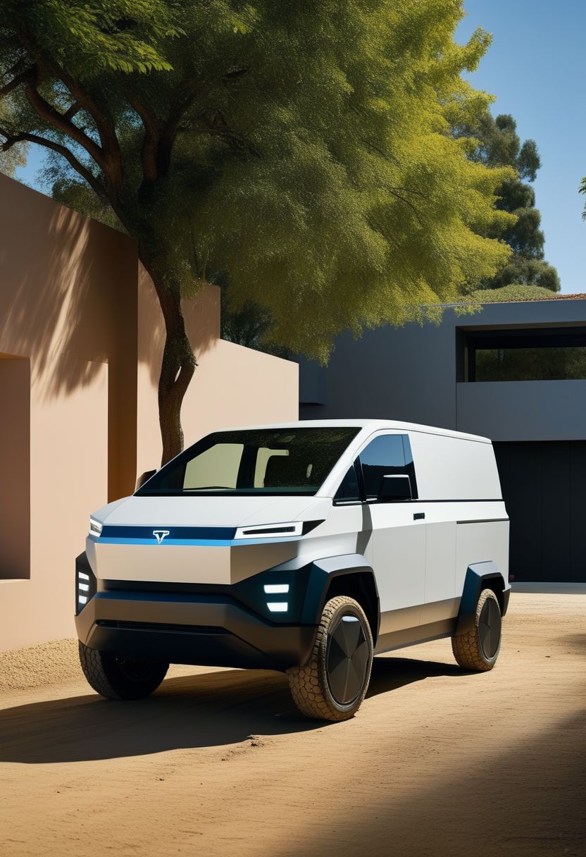 photo of a sks teslacybert_dog "Create an image that blends the futuristic design of a Tesla Cybertruck with the compact charm of a Daihatsu Hijet Truck S100. Visualize a vehicle with the robust, angular silhouette of the Cybertruck, but scaled down to the size and proportions of the Hijet Truck. Incorporate sleek, metallic surfaces and futuristic LED lighting reminiscent of the Cybertruck, while maintaining the practicality and versatility of the Hijet Truck's design. Let the resulting image showcase a unique fusion of modern innovation and classic utility, offering a fresh perspective on both vehicles' iconic features."
("REPUBLICA DOMINICANA." text logo: Daihatsu Hijet Truck S100 a white van loaded with large blue water containers, parked on a muddy road in front of a small house. Here are the details: The truck is white and appears to be an older model. It is loaded with several large blue plastic water containers that are secured together. The truck is parked on a wet, muddy road; Tire tracks are visible in the mud. In the background there is a small house with brown walls and graffiti or writing. Above the house you can see a green tree and a clear sky, indicating a sunny day. !White van with blue water containers{: .image-caption}
