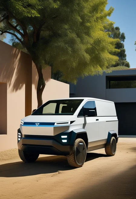 photo of a sks teslacybert_dog "Create an image that blends the futuristic design of a Tesla Cybertruck with the compact charm of a Daihatsu Hijet Truck S100. Visualize a vehicle with the robust, angular silhouette of the Cybertruck, but scaled down to the size and proportions of the Hijet Truck. Incorporate sleek, metallic surfaces and futuristic LED lighting reminiscent of the Cybertruck, while maintaining the practicality and versatility of the Hijet Truck's design. Let the resulting image showcase a unique fusion of modern innovation and classic utility, offering a fresh perspective on both vehicles' iconic features."
("REPUBLICA DOMINICANA." text logo: Daihatsu Hijet Truck S100 a white van loaded with large blue water containers, parked on a muddy road in front of a small house. Here are the details: The truck is white and appears to be an older model. It is loaded with several large blue plastic water containers that are secured together. The truck is parked on a wet, muddy road; Tire tracks are visible in the mud. In the background there is a small house with brown walls and graffiti or writing. Above the house you can see a green tree and a clear sky, indicating a sunny day. !White van with blue water containers{: .image-caption}