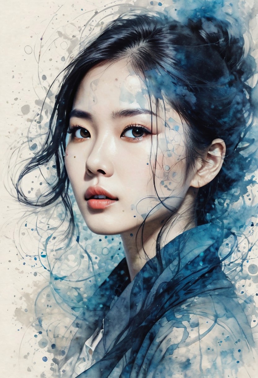 score_7_up, score_6_up, Ink illustration on parchment, portrait. A ghostly female, 30yo, Asian. traditional canvas outfits. seductive, sensual, attractive, dangerous. Dynamic Mystical circle. Elements. Glowing eyes. Scars, Bokeh blur. dynamic motion, chaotic patterns, particles. Overlapping colors. Mystic color palette, BadDream, DEVIL SPAWN.