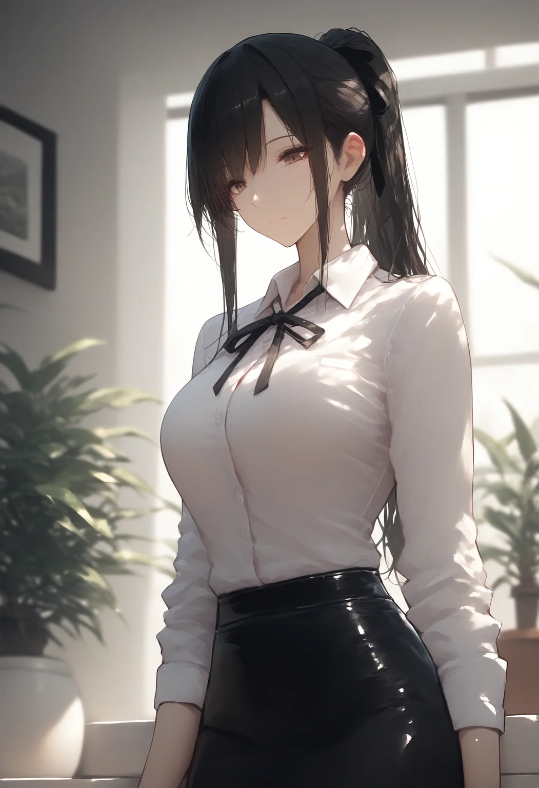 score_9, score_8_up, score_7_up, score_6_up, source_anime, <lora:RLI 0.2v:1>, RLI,
1girl, solo, long hair, shirt, skirt, black hair, long sleeves, ribbon, closed mouth, brown eyes, white shirt, ponytail, collared shirt, day, indoors, black skirt, blurry, neck ribbon, black ribbon, depth of field, looking down, plant, blurry foreground, potted plant