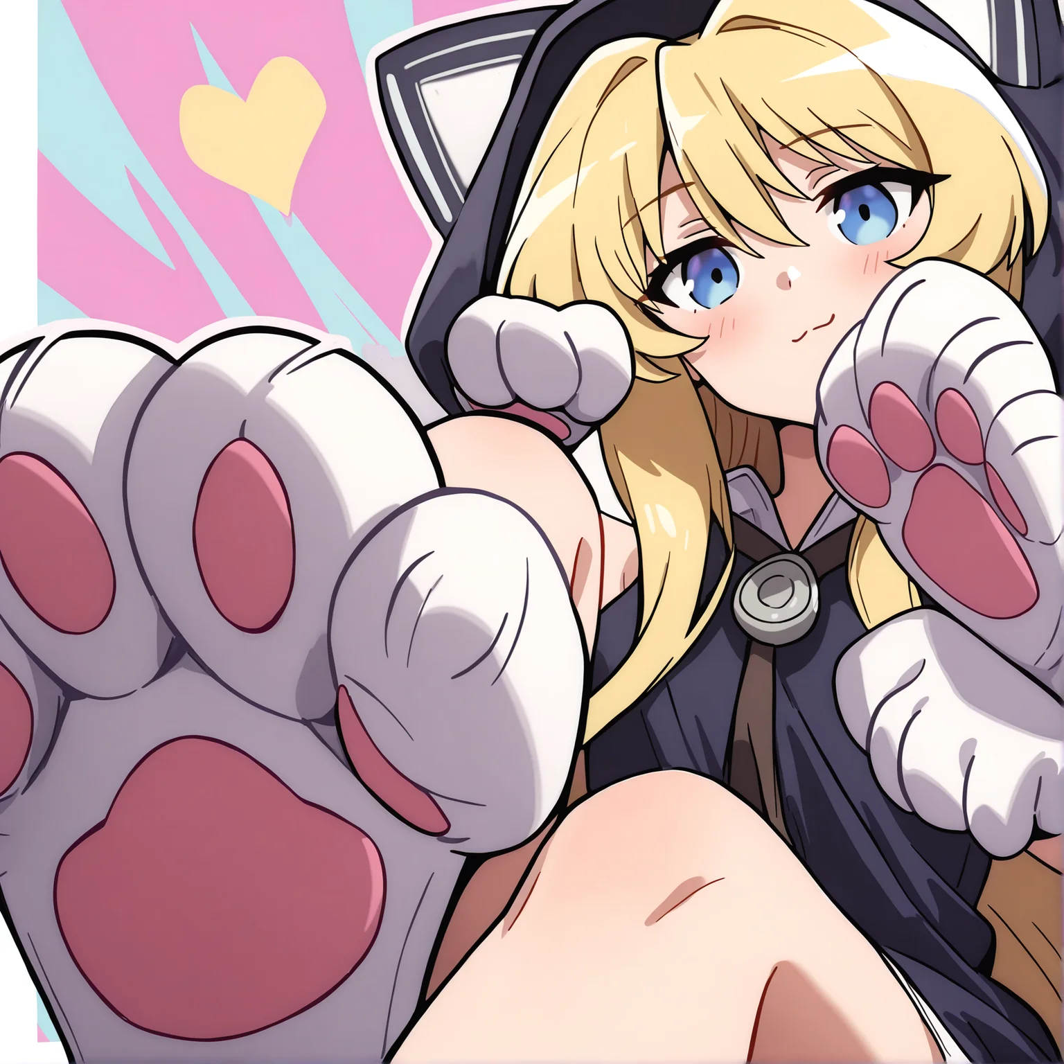 newest,absurdres,masterpiece,highres,<lora:noobai_ep11_stabilizer_v0.138_fp16:1>,<lora:alisa>,alice kisaragi,blonde hair,paw pose,cat hood,cat paws,