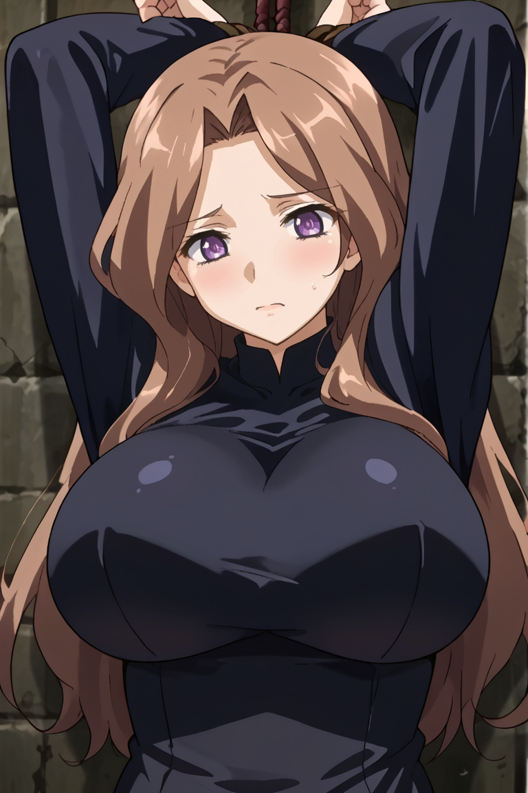 source_anime,1girl, breasts, , solo, purple eyes, brown hair, huge breasts, bound, bdsm, bondage, shirt, arms up, long hair, black dress