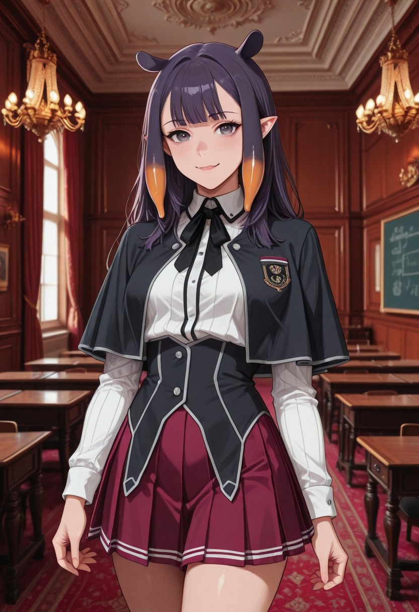 (ultra HD quality details), score_9, score_8_up, score_7_up, 8k, Cowboy Shot, Depth of Field, Full Body Visible,
BREAK
 ninomae inanis, pointy ears, long hair, purple hair, multicolored hair, blunt bangs, tentacle hair, sidelocks, purple eyes, light smile, wavy mouth, open mouth, school uniform, black capelet, white shirt, neck ribbon, black ribbon, long sleeves, black corset, red skirt, pleated skirt,
BREAK
luxurious cl4ssr00m,
BREAK
Intricate, detailed background, colorful, detailed background, dynamic angle, volumetric lighting, cinematic lighting, BREAK,