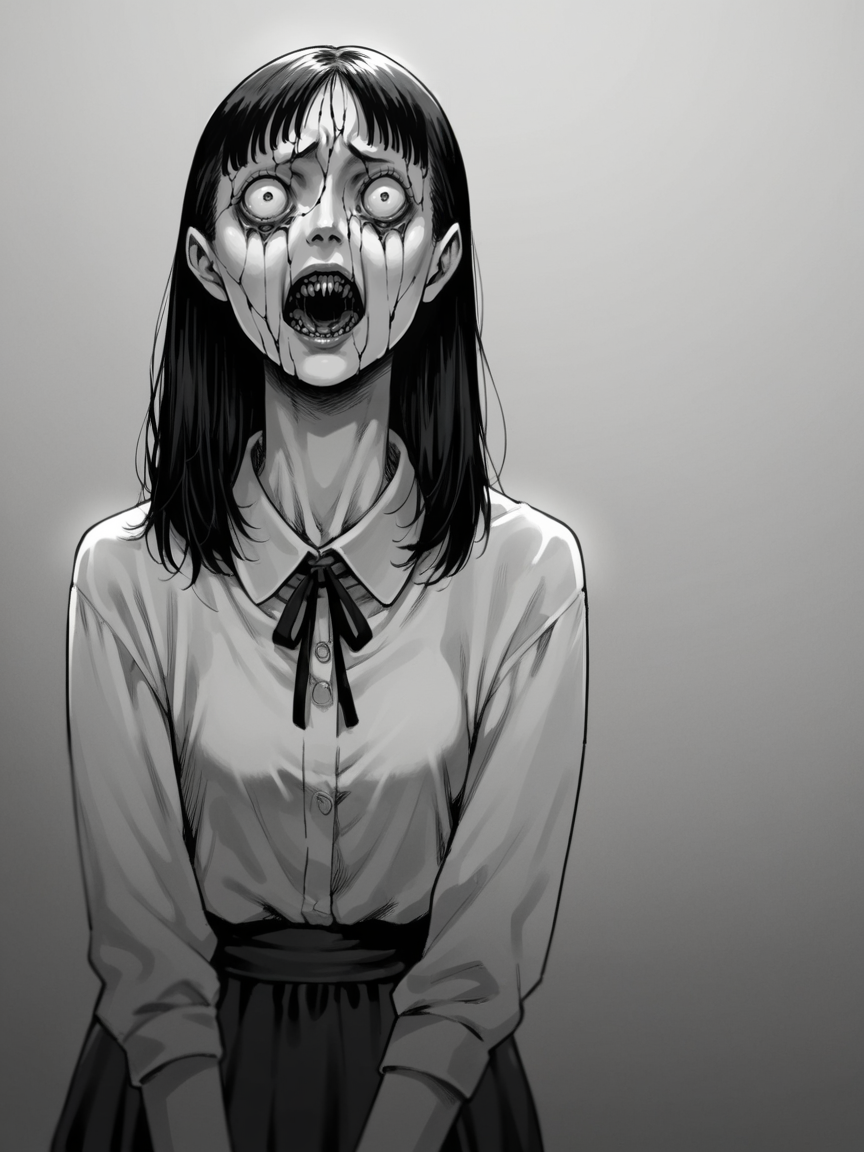 score_9, score_8_up, score_7_up, score_6_up,  <lora:junj11t0XLP:1> junj11t0, junji ito, monochrome, 1girl, creepy, manga