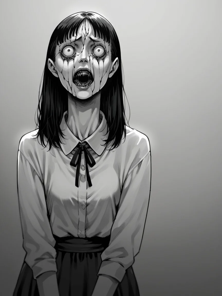 score_9, score_8_up, score_7_up, score_6_up,  <lora:junj11t0XLP:1> junj11t0, junji ito, monochrome, 1girl, creepy, manga