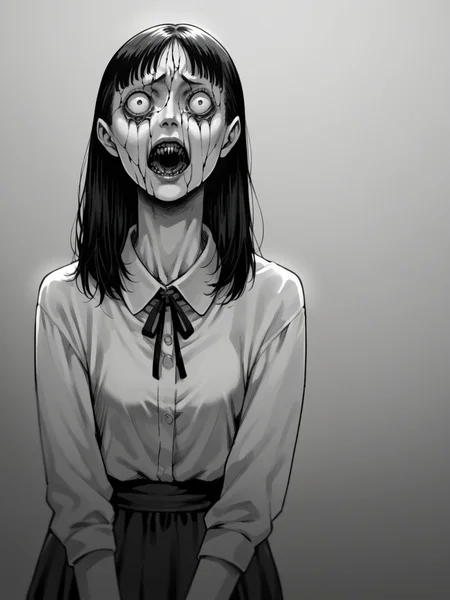 score_9, score_8_up, score_7_up, score_6_up, <lora:junj11t0XLP:1> junj11t0, junji ito, monochrome, 1girl, creepy, manga