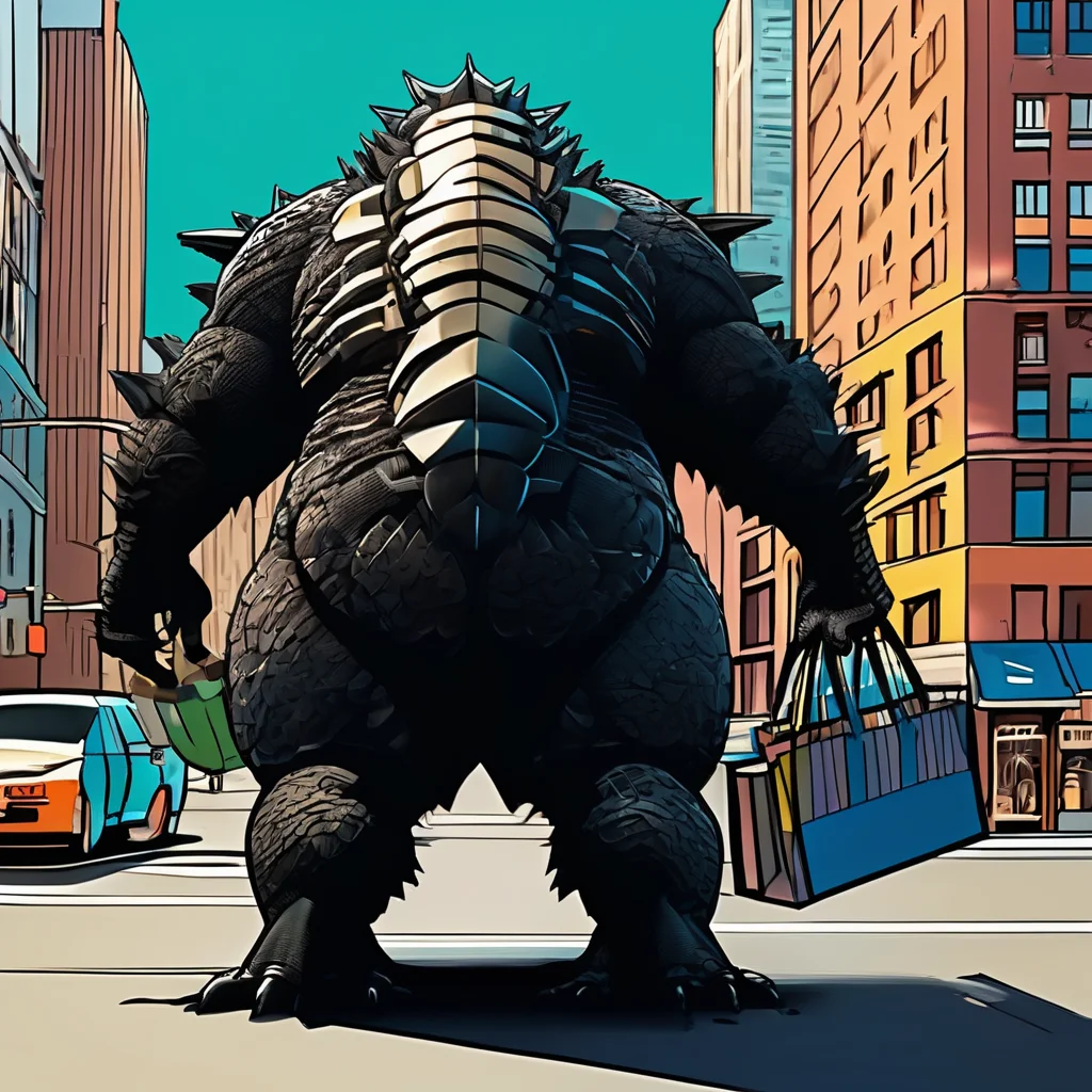 cybernetically enhanced godzilla going on a shopping spree in new york city,art by studio ghibli and kentaro miura,intricate linework,hyperdetailed, sfw,beautiful, masterpiece, best quality,absurderes,octane render