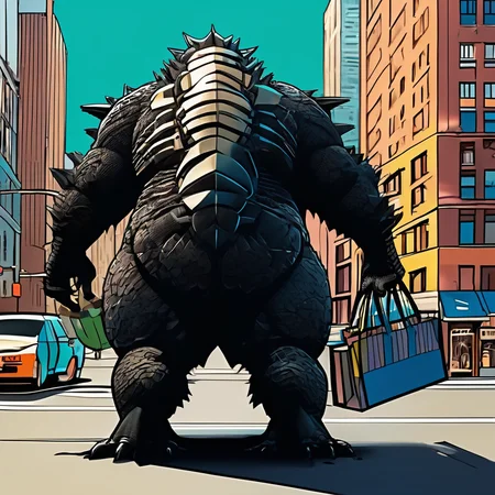 cybernetically enhanced godzilla going on a shopping spree in new york city,art by studio ghibli and kentaro miura,intricate linework,hyperdetailed, sfw,beautiful, masterpiece, best quality,absurderes,octane render