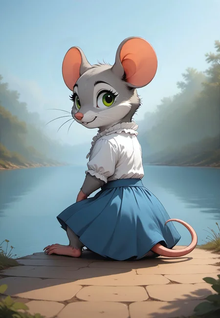 score_9, score_8_up, score_7_up, score_6_up, score_5_up, score_4_up, 
[][][][][] 
m0use_goldie,
[][][][][] 
white frilly shirt, blue skirt, grey fur, green eyes, (mouse tail), (cute:1), (feral:1.5), sitting, outdoors, (lake, water:1.3), side view, pier, (haze:2), looking back, feet in the water,
