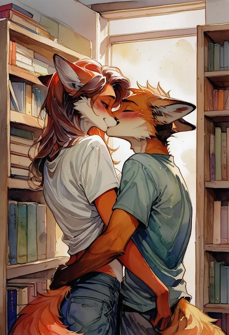 score_9, score_8_up, score_7_up,1girl, anthro female fox, folded ears, makeout, hands under shirt, under_boob, grope, embrace, striped socks, back against shelf, 1boy, back of head, from the back, sweater, deep kiss, blush, slight smile, book shelf, book piles, open books, school robes, watercolor \(medium\), traditional media,