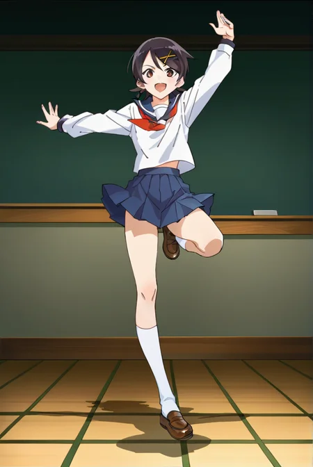 score_9, score_8_up, score_7_up, best quality, masterpiece, source_anime, anime screenshot,  BREAK,  1girl, school uniform, fuuka kakfuka, <lora:fuuka_kafukaz:1> ,in class room , Jumping, mimicking a karate kick,
