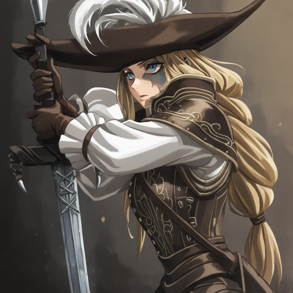masterpiece, best quality, newest, absurdres, highres, anime, anime style, 1girl, DS2Luc-V1.1, blonde, armor, hat, tricorne, brown gloves, long sleeves, hat feather, blue eyes, long hair, DS2Luc-V1.1-hollowing, scar, holding, holding weapon, sword, holding sword,