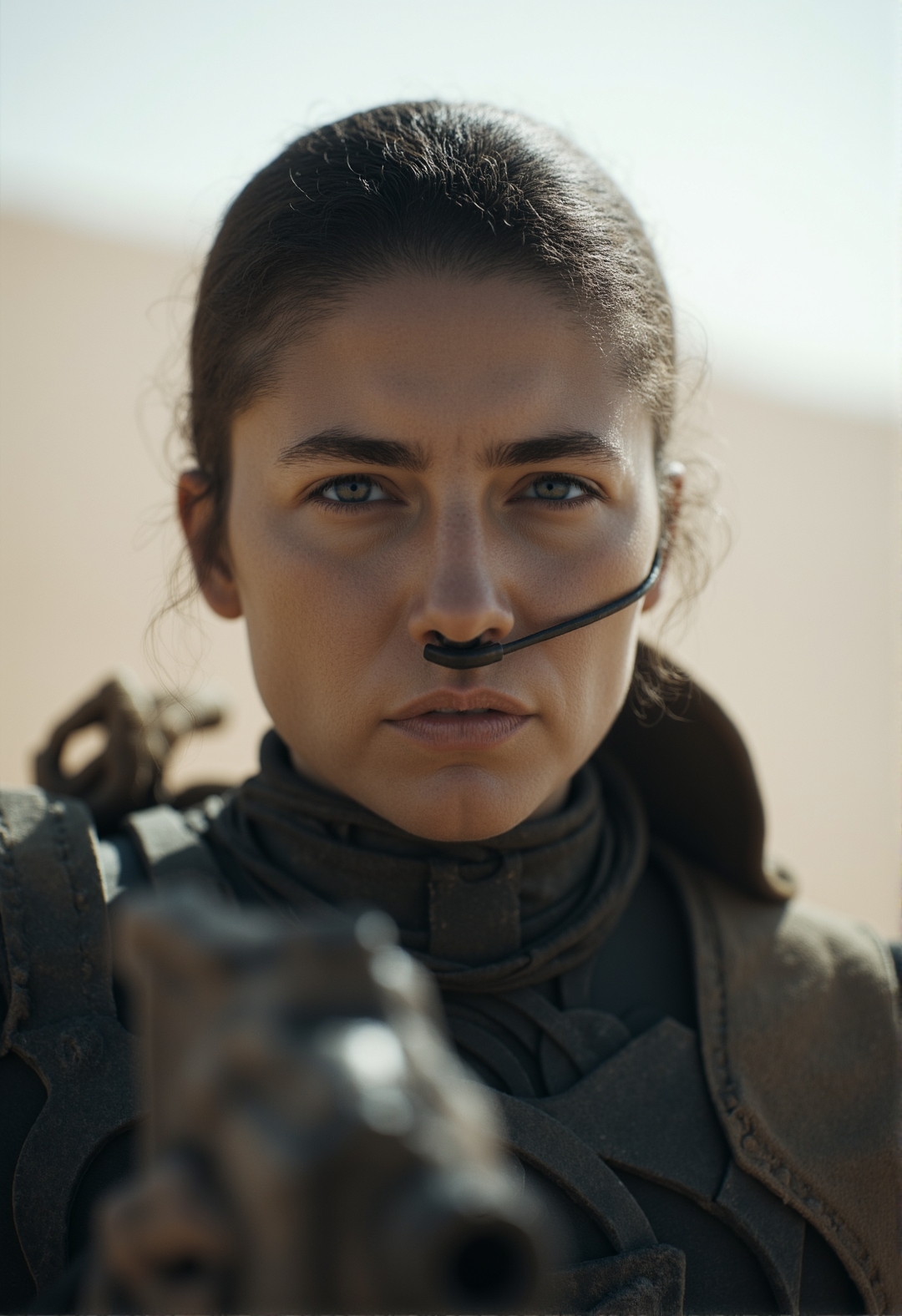 <lora:ck-dune-style_r1-000017:1>, ckdunestyle, ckmoviestyle, a warrior holding a gun, dark blue eyes, desert environment