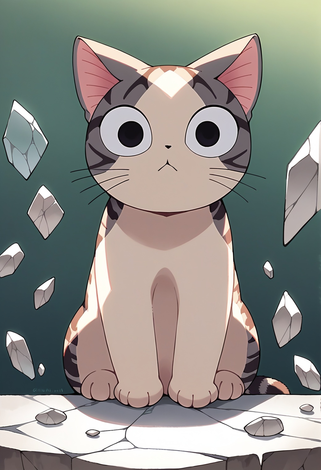 score_9, score_8_up,score_7_up, source_ anime,  
<lora:ChamChiYamadaPonyXL:1>,ChiYamada, cat, black eyes, broken glass, sitting, closed mouth,