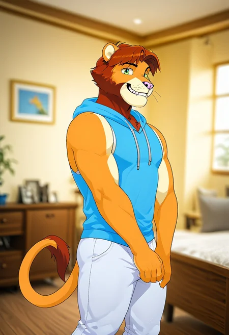 score_9, score_8_up, score_7_up, score_6_up, score_5_up, score_4_up, source_anime, source_furry, zPDXL3, furry_diffusion, <lora:TomSA_PXL-05:0.9>, tom, lion boy, lion tail, short hair, green eyes, brown fur, brown hair, solo, smirk, teeth, 1boy, looking at viewer, intricate details, masterpiece, unparalleled masterpiece, dutch angle, depth of field, cinematic lighting, great lighting, detailed background, indoors, inside, muscular male, bara, pectorals, large pectorals, blue tank top, blue hoodie, white jogging pants, feet out of frame, close-up, posing, pose