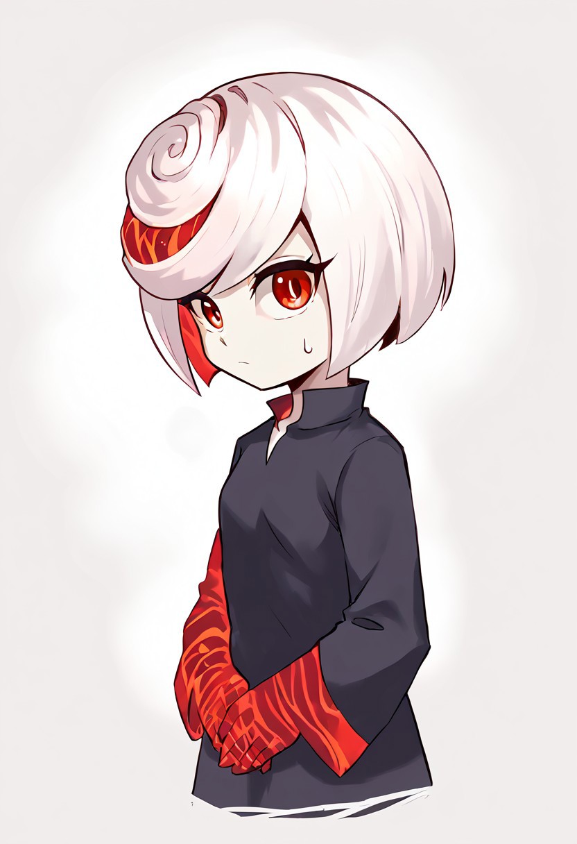 score_9, score_8_up, score_7_up, source_anime, sage, sage (sonic), small breasts, short, adorable, black dress, cold expression, red eyes, looking at viewer, white hair, adorable, cute, short stacked, big eyes, smaller body, large head, artist: sunnysundown, sunnysundown, sundown, blank background, white background,