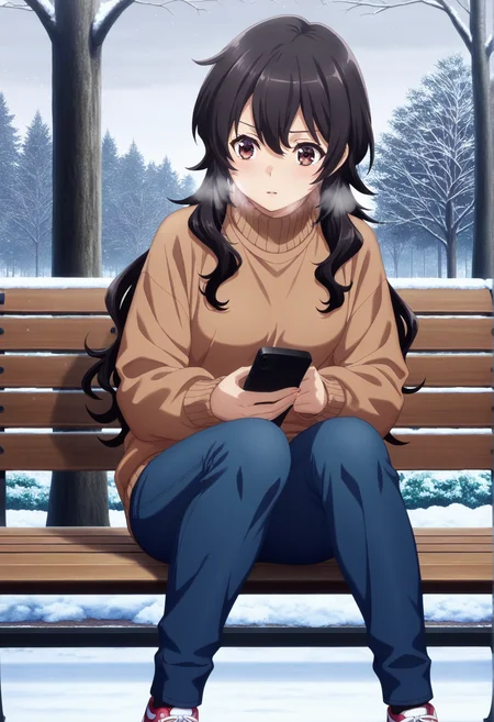 masterpiece, best quality, absurdres, highres, cinematic light, 1girl, <lora:takao_ameku:1> takao_wz, long hair, black hair, brown eyes, brown sweater, turtleneck, long sleeves, blue jeans, sneakers, holding phone, sitting, grey sky, park, park bench, heavy breathing, snow, tree, <lora:anime_screencap-Illustrious_1064755:1> anime screencap, anime coloring