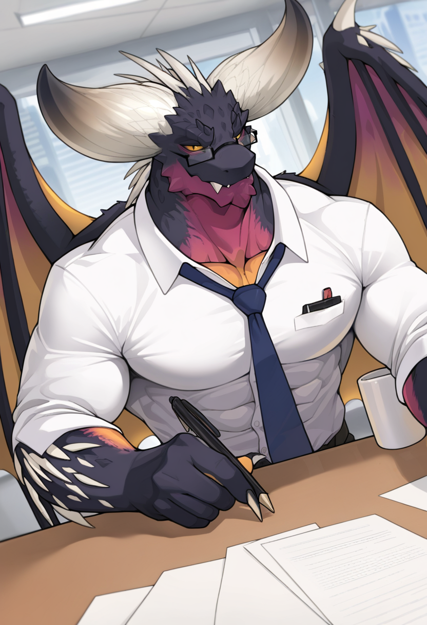 <lora:MH_Nergigante_a1_1_NoobXL-eps:1>,<lora:EatSleep1111StyleSDXL11:0.7>,<lora:merrytailSDXLstyle:0.3>,eatsleep1111,merrytail,masterpiece,best quality,amazing quality,high quality,very aesthetic,absurdres,newest,shaded,digital media \(artwork\),depth of field,mhnrgi,solo,anthro,male,detailed background,office,yellow eyes,no sclera,slit pupils,smirk,wings,white spikes,dutch angle,muscular,glasses,necktie,dress shirt,desk,pen,mug,paper,