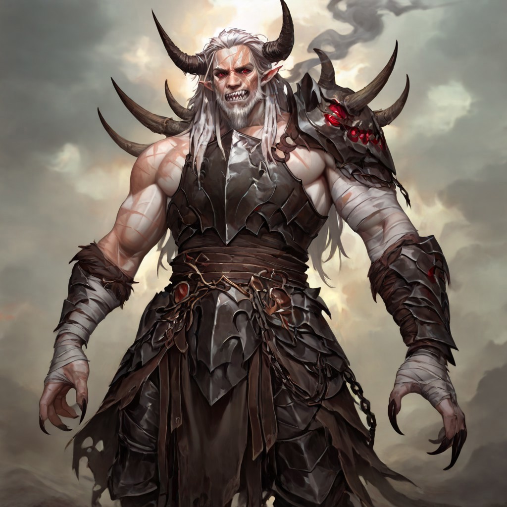 masterpiece, best quality, newest, absurdres, highres, DMIXV1.0, 1boy, pale, pale skin, elf, pointy ears, muscular male, white hair, red eyes, smoke, mist, facial hair, beard, scar, scars, scar on face, 
claws, sharp teeth, monster boy, horns, demon horns, armor, shoulder armor, bandages, wraps, chains, chestplate, breastplate, 