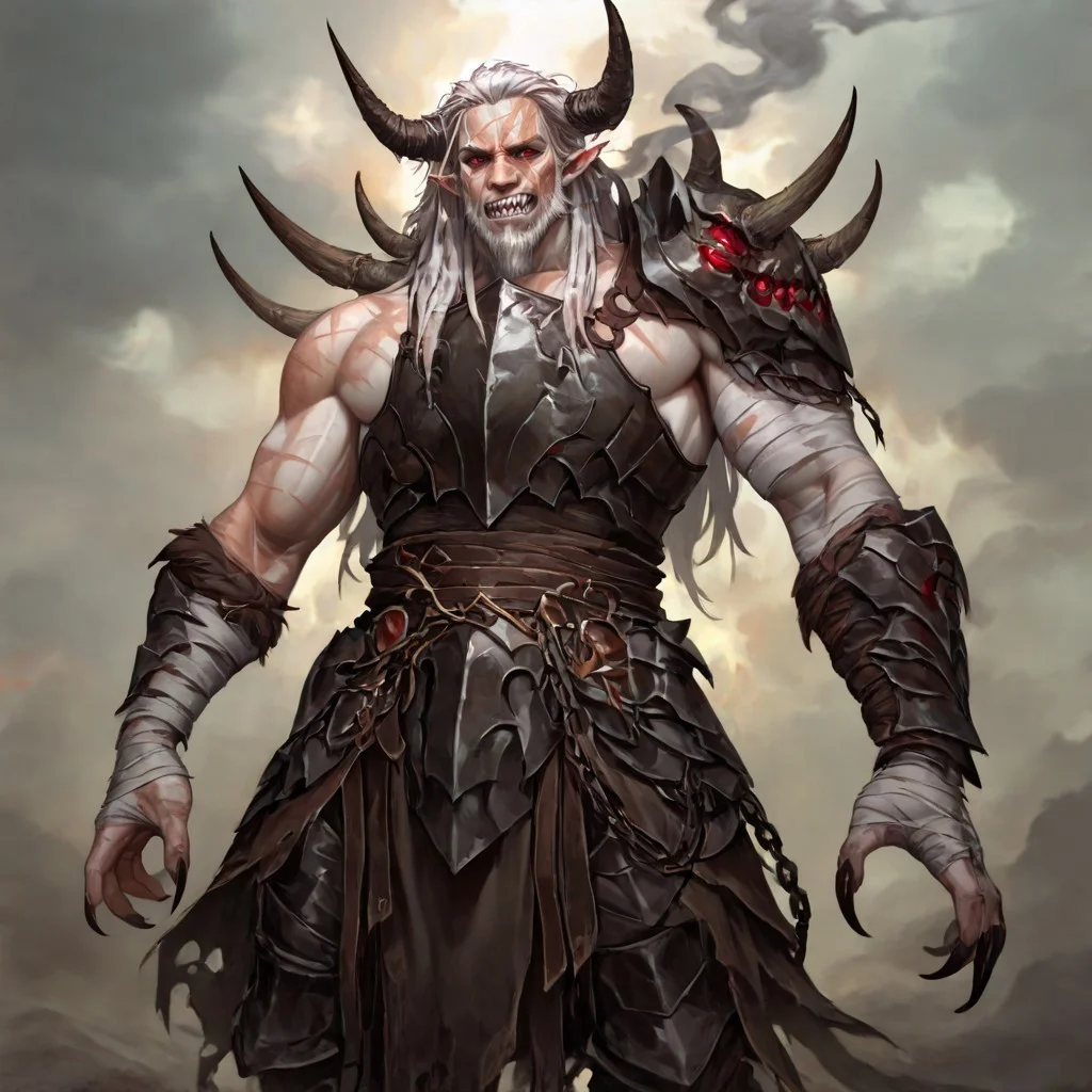 masterpiece, best quality, newest, absurdres, highres, DMIXV1.0, 1boy, pale, pale skin, elf, pointy ears, muscular male, white hair, red eyes, smoke, mist, facial hair, beard, scar, scars, scar on face,
claws, sharp teeth, monster boy, horns, demon horns, armor, shoulder armor, bandages, wraps, chains, chestplate, breastplate,