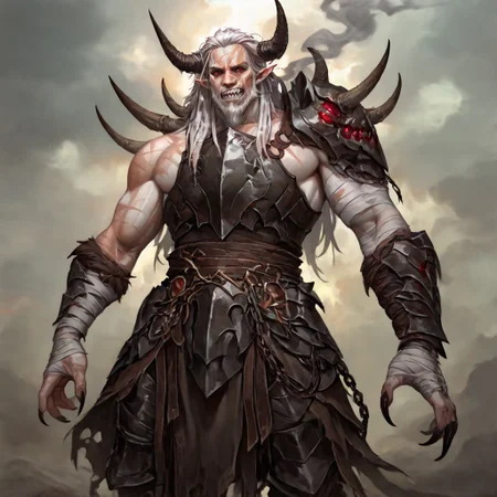 masterpiece, best quality, newest, absurdres, highres, DMIXV1.0, 1boy, pale, pale skin, elf, pointy ears, muscular male, white hair, red eyes, smoke, mist, facial hair, beard, scar, scars, scar on face, 
claws, sharp teeth, monster boy, horns, demon horns, armor, shoulder armor, bandages, wraps, chains, chestplate, breastplate, 
