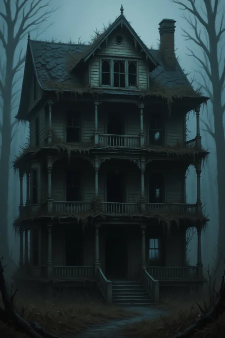 A highly detailed digital painting portrays a haunting, dilapidated three-story house with overgrown vegetation, set against a foggy forest backdrop; the scene is bathed in a cold, bluish light, enhancing the eerie and abandoned feel.