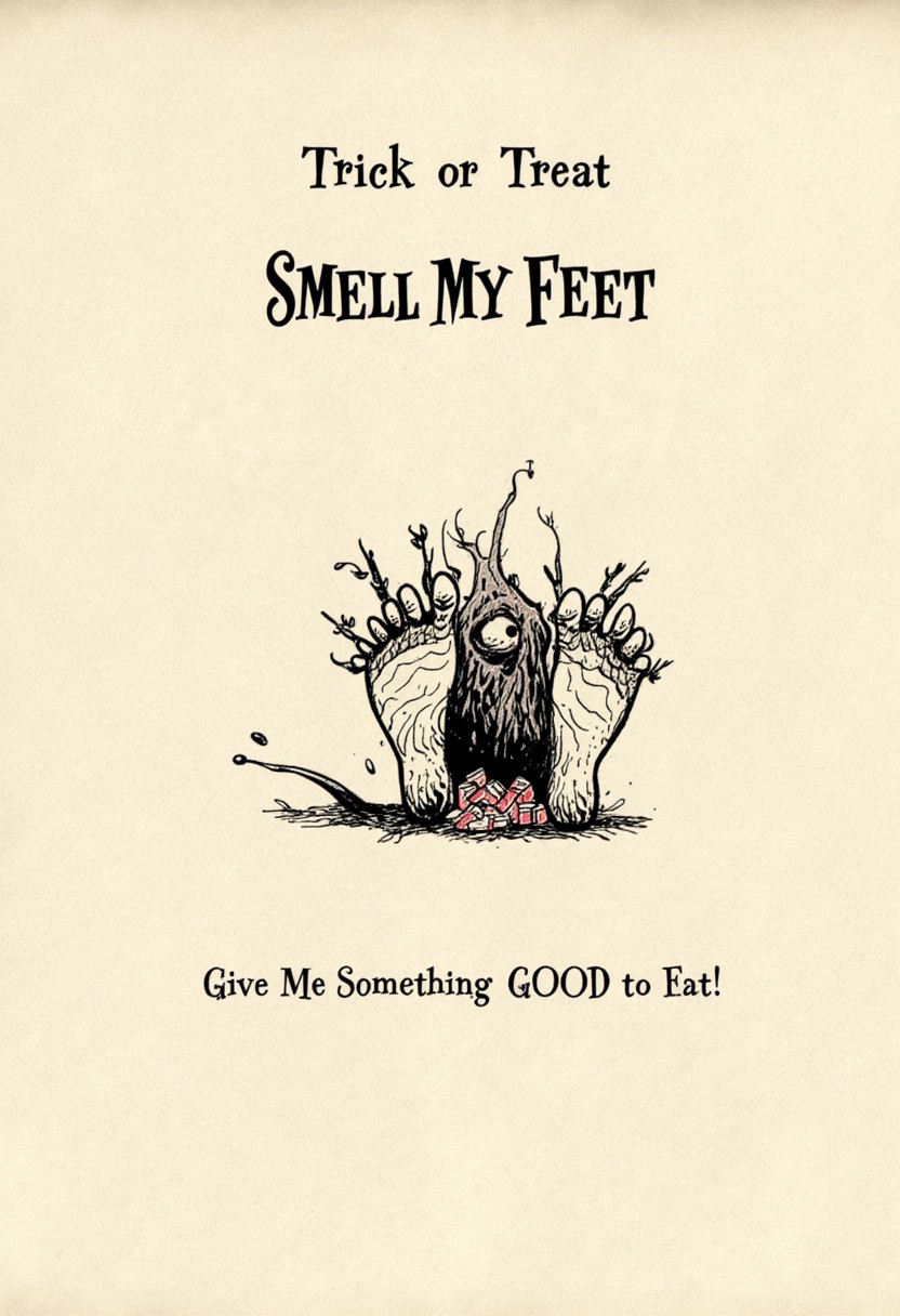 Text that says "Trick or Treat SMELL MY FEET", A monster with huge dirty feet, holding a bucket of candy, ink on paper, below is text that says "Give Me Something GOOD TO EAT"