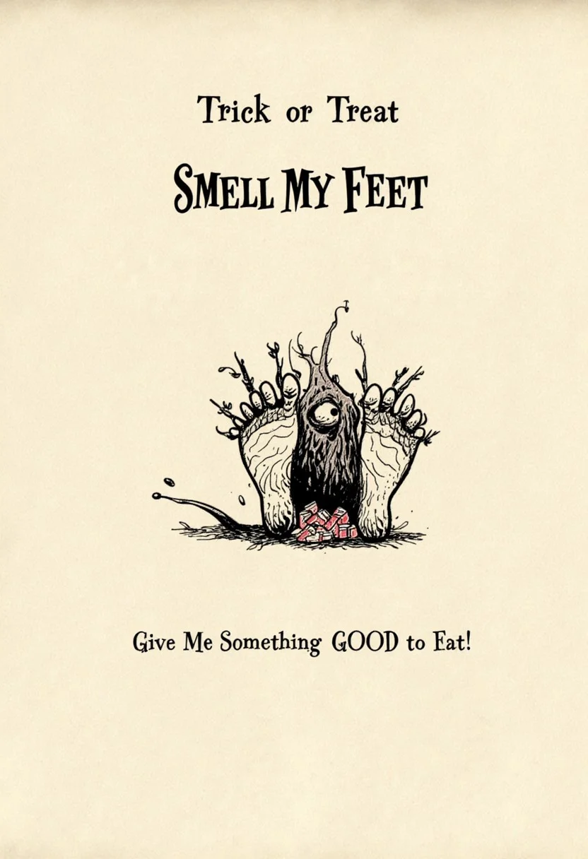 Text that says "Trick or Treat SMELL MY FEET", A monster with huge dirty feet, holding a bucket of candy, ink on paper, below is text that says "Give Me Something GOOD TO EAT"