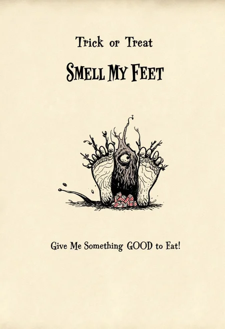Text that says "Trick or Treat SMELL MY FEET", A monster with huge dirty feet, holding a bucket of candy, ink on paper, below is text that says "Give Me Something GOOD TO EAT"