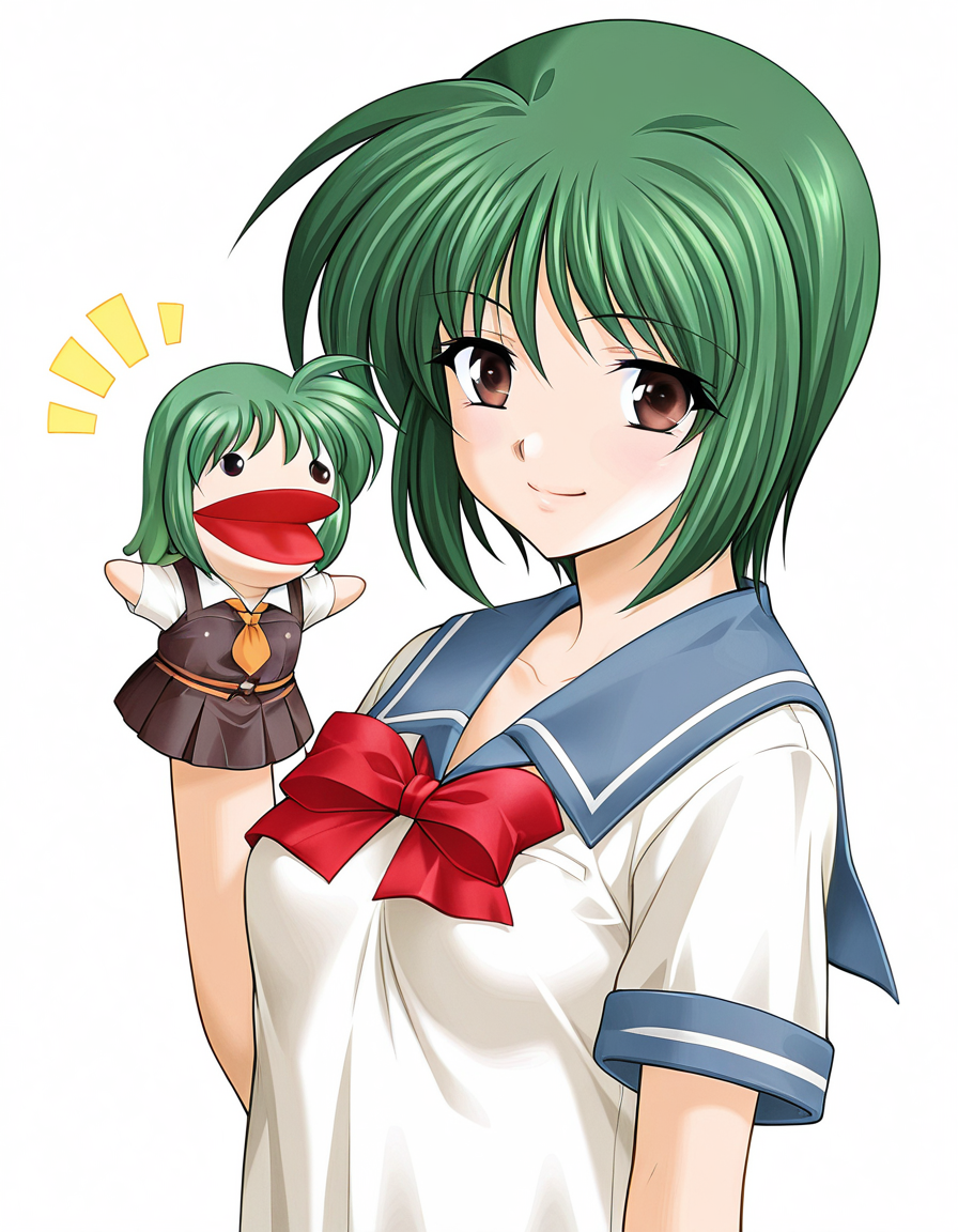 masterpiece, best quality, amazing quality, very aesthetic, absurdres, official art, ultra detailed,
1girl, solo, yasuda_mizuki, green hair, short hair, brown eyes BREAK
school uniform, serafuku, red bow, skirt, 
smile, looking at viewer, standing, hppt,hand puppet, happy aura simple background, white background, upper body, highly detailed <lora:hand_puppet_IL_v1:1>
<lora:yasuda mizuki v1.0-000015:1>