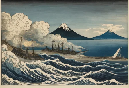 woodcut tokio bay 1865, big black steam powered battleship, gustave dore style, hokusai waves, hokusai mount fuji in the background