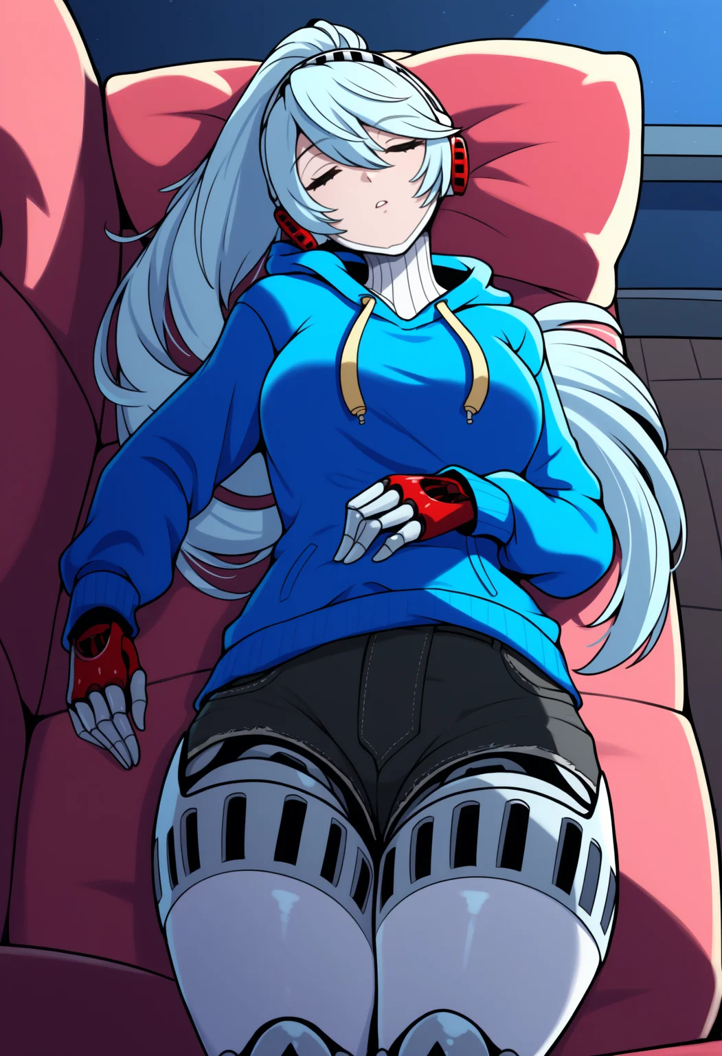 masterpiece, best quality, newest, solo, 1girl, l4brys, android, robot joints, sleeping, lying, on couch, on back, hand on own stomach, long hair, blue hair, ponytail, headphones, closed eyes, blue hoodie, hood down, drawstring, long sleeves, black shorts, denim shorts, short shorts, indoors, night, moonlight
<segment:yolo-Anzhc Face seg 640 v3 y11n.pt,0.4,1//cid=11>