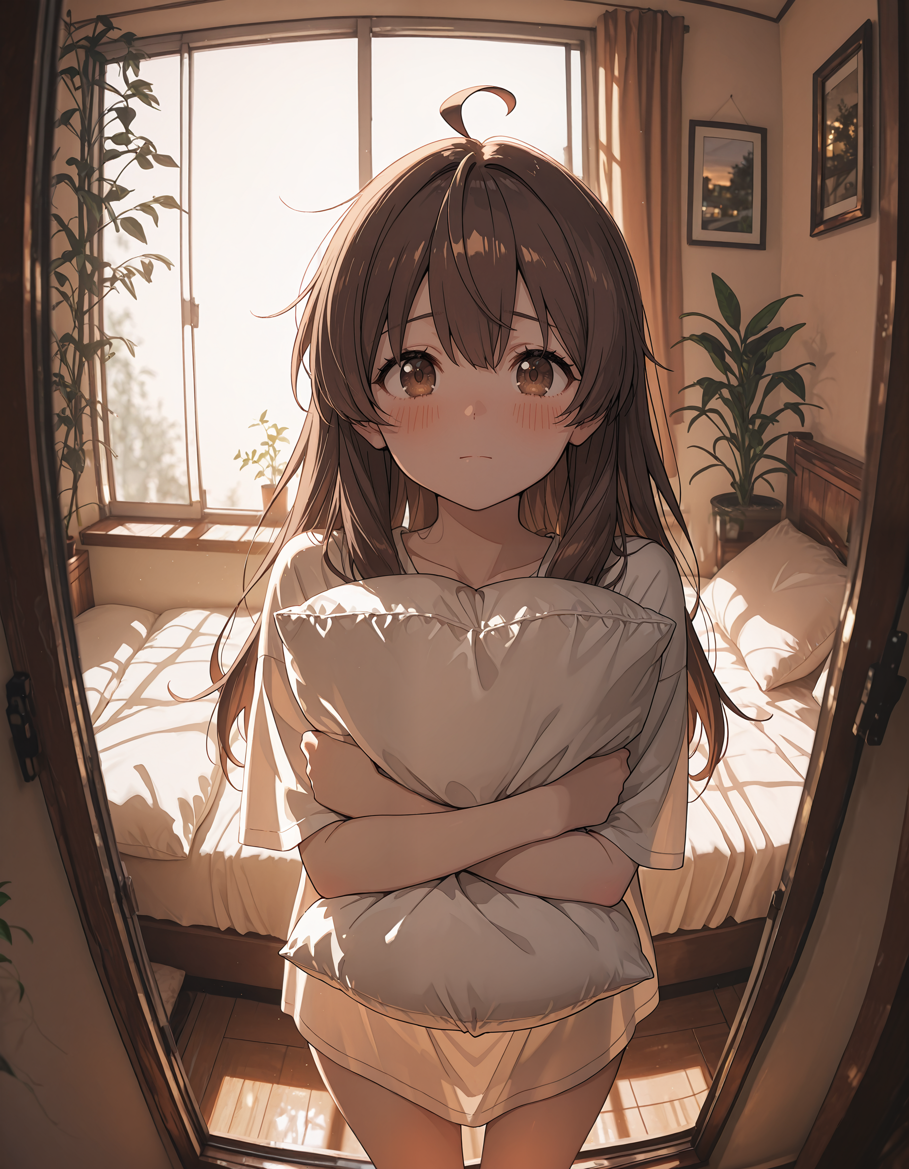 re4lity_sync_illu,
1girl, solo, object hug, window, ahoge, long hair, pillow, pillow hug, blush, indoors, looking at viewer, plant, brown eyes, shirt, closed mouth,dim_lighting,hot_palette
,masterpiece,best quality,absurdres,incredibly absurdres, old ,foreshortening, <lora:re4lity:1>,picture frame,blurry edges, photo background,