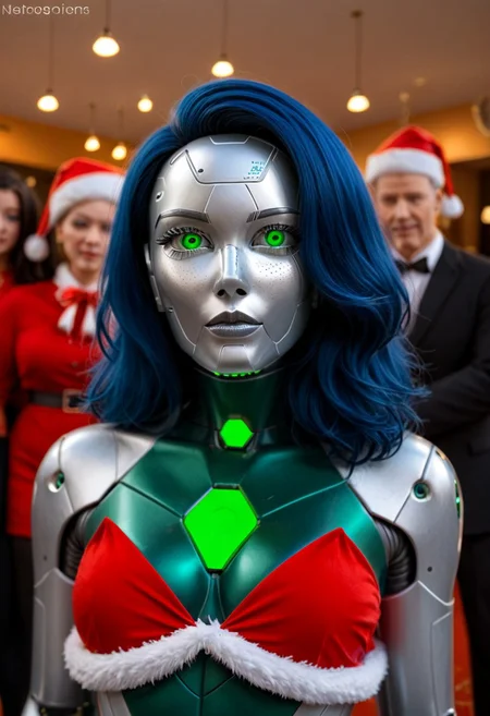 A 35mm photo of a beautiful 20 year old woman, she is a humanoid robot , robotic face , robotic body, emerald green robotic eyes, freckles, smooth featureless silver grey robotic skin, robotic aerials, metallic dark blue hair, elegant red Christmas satin dress with white fur trim
TheFaceLess