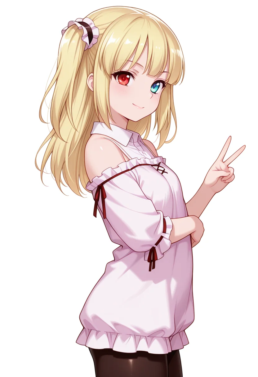 Smooth Quality,masterpiece,very intricate, high quality details, ultra realistic, high detailed skin,detailed enviorement,absurdres,
v,
<lora:Kobato_Hasegawa_CNR:0.8> kobato_cnr, hasegawa kobato, 1girl, blonde hair, two side up, heterochromia, red eyes, blue eyes,, simple background, white background, from side,solo,, ;),, collared shirt,off-shoulder shirt,spats, ,lowleg pantyhose,