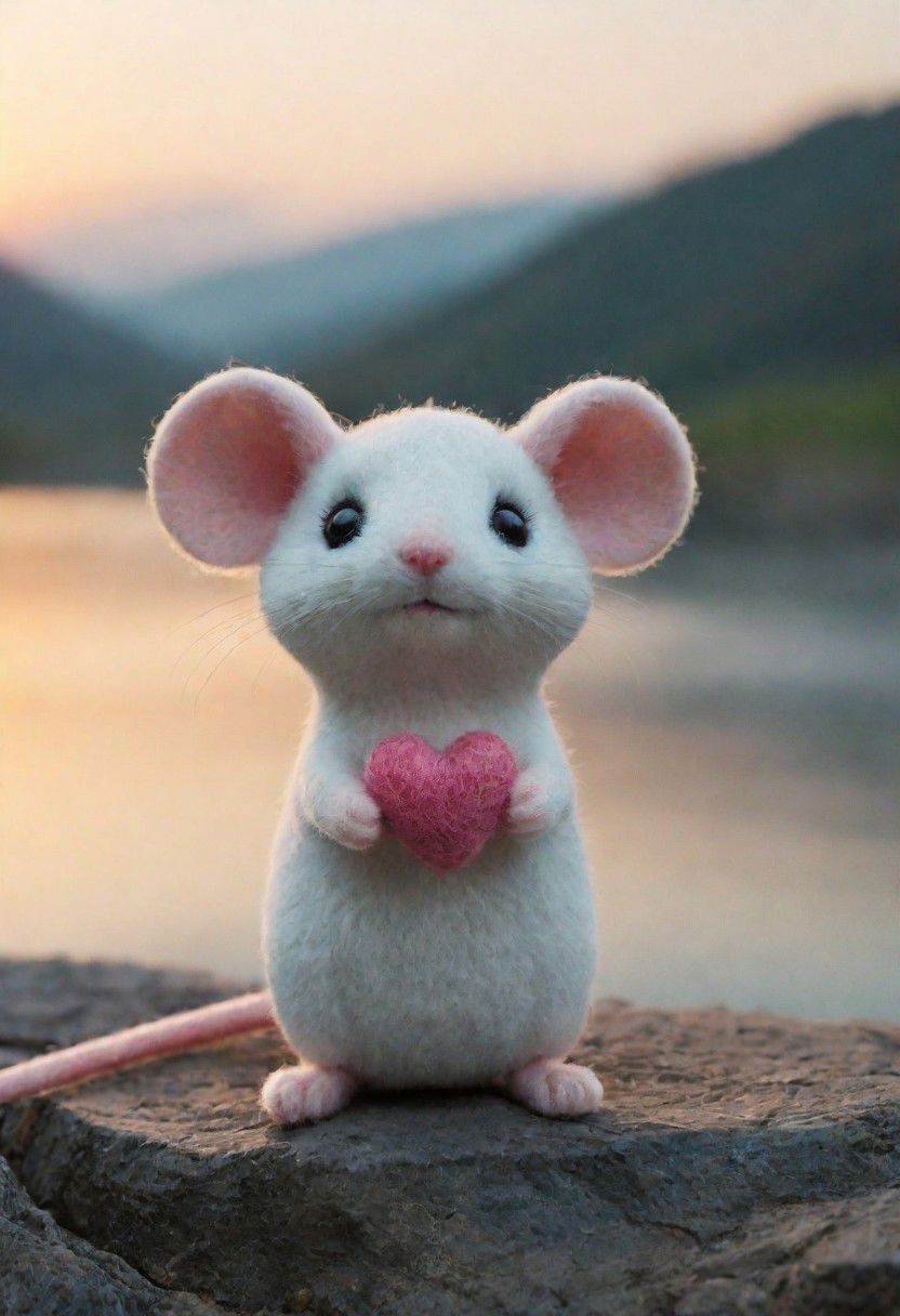 a small, simple, cuddly felt mouse holding a felt heart in its tiny hands, gazing directly into the camera with a joyful smile. The scene is so sweet that it melts even the toughest hearts. Describe the loving atmosphere created by the combination of felt, smiles, and hearts diring a beautiful sunrise