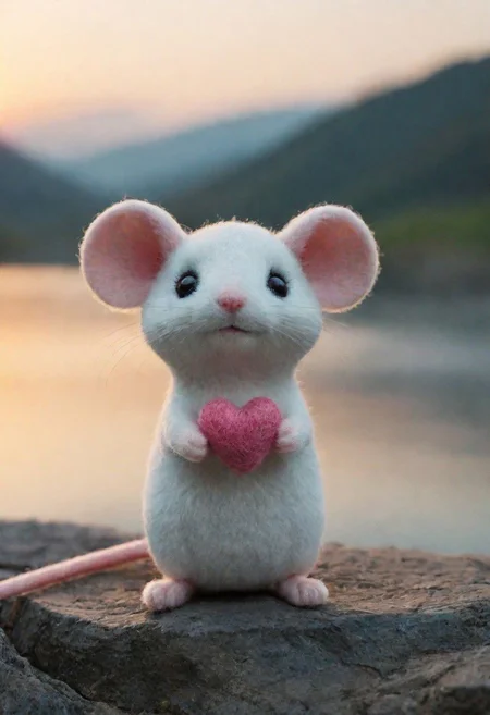 a small, simple, cuddly felt mouse holding a felt heart in its tiny hands, gazing directly into the camera with a joyful smile. The scene is so sweet that it melts even the toughest hearts. Describe the loving atmosphere created by the combination of felt, smiles, and hearts diring a beautiful sunrise