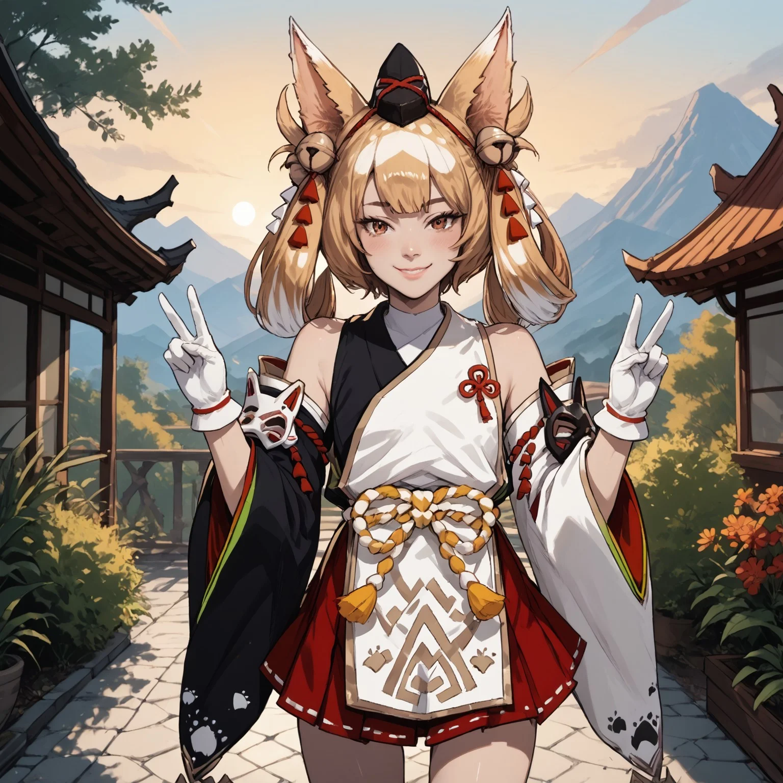 safe_pos, safe_pos, safe_pos, safe_pos, safe_pos, safe_pos, safe_pos, safe_pos, score_9, score_8_up, score_8, score_7_up, score_7, ExpressiveH, breast focus
BREAK
1girl, solo,Kuzunoha, blonde hair, brown eyes, small eyebrows, fox ears, hat, bells, jingle bells, japanese clothes, white gloves, detached sleeves, 1withe sleeve, q black sleeve, skirt, fox tail, petite, looking at viewer, head tilt, seductive look, aroused, horny, standing, oiled skin, victory hand sign, double peace, looking at viewer, lips parted, blushing, mischievous smile
BREAK
Garden, sunset, orange sky, purple sky, mountainous horizon