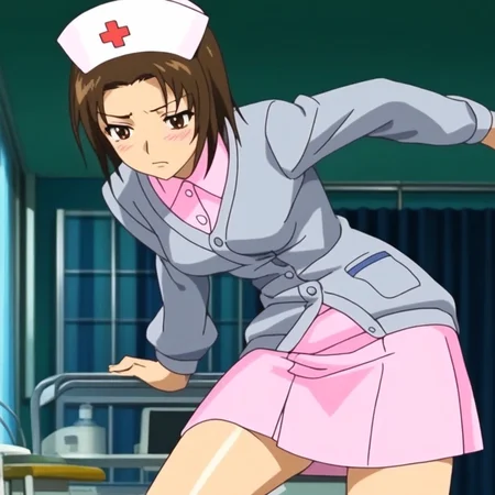 source_anime, illustration, Y4Y01S4NV1, ((score_9)),score_8_up,score_7_up,score_6_up,score_5_up,score_4_up, 1girl, brown hair, brown eyes, bare_legs, shiny skin,anime screencap, nurse cap, pink shirt, nurse, blush, pink skirt, purple cardigan, impossible_shirt