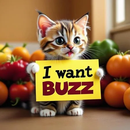 buzz, iconic kitten with a sign with text "i want buzz" <lora:buzz-text:.85>