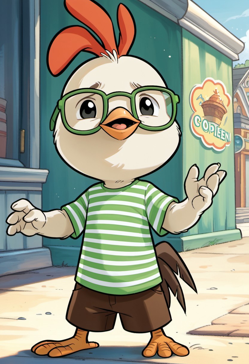 score_9, score_8_up, score_7_up, Chicken_Little, chicken, anthro, feathers, 1boy, black eyes, green glasses, striped shirt, brown shorts, tiny male, beak